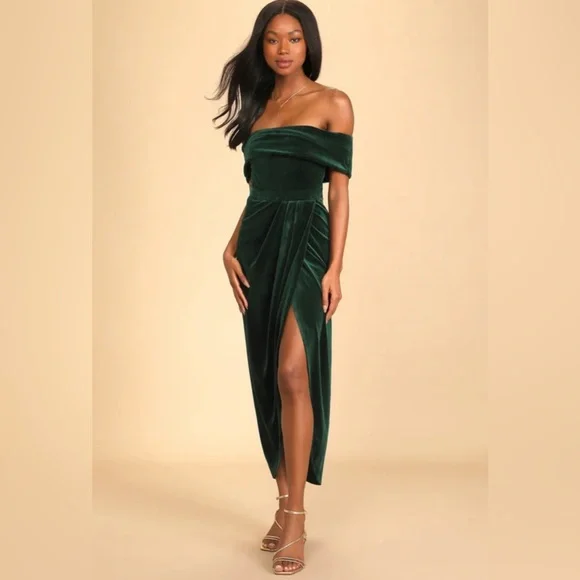 Lulus | Dresses | Lulus Green Velvet Off The Shoulder Midi Dress | Poshmark